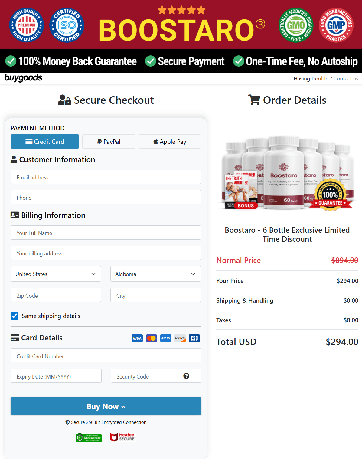 Boostaro Checkout page